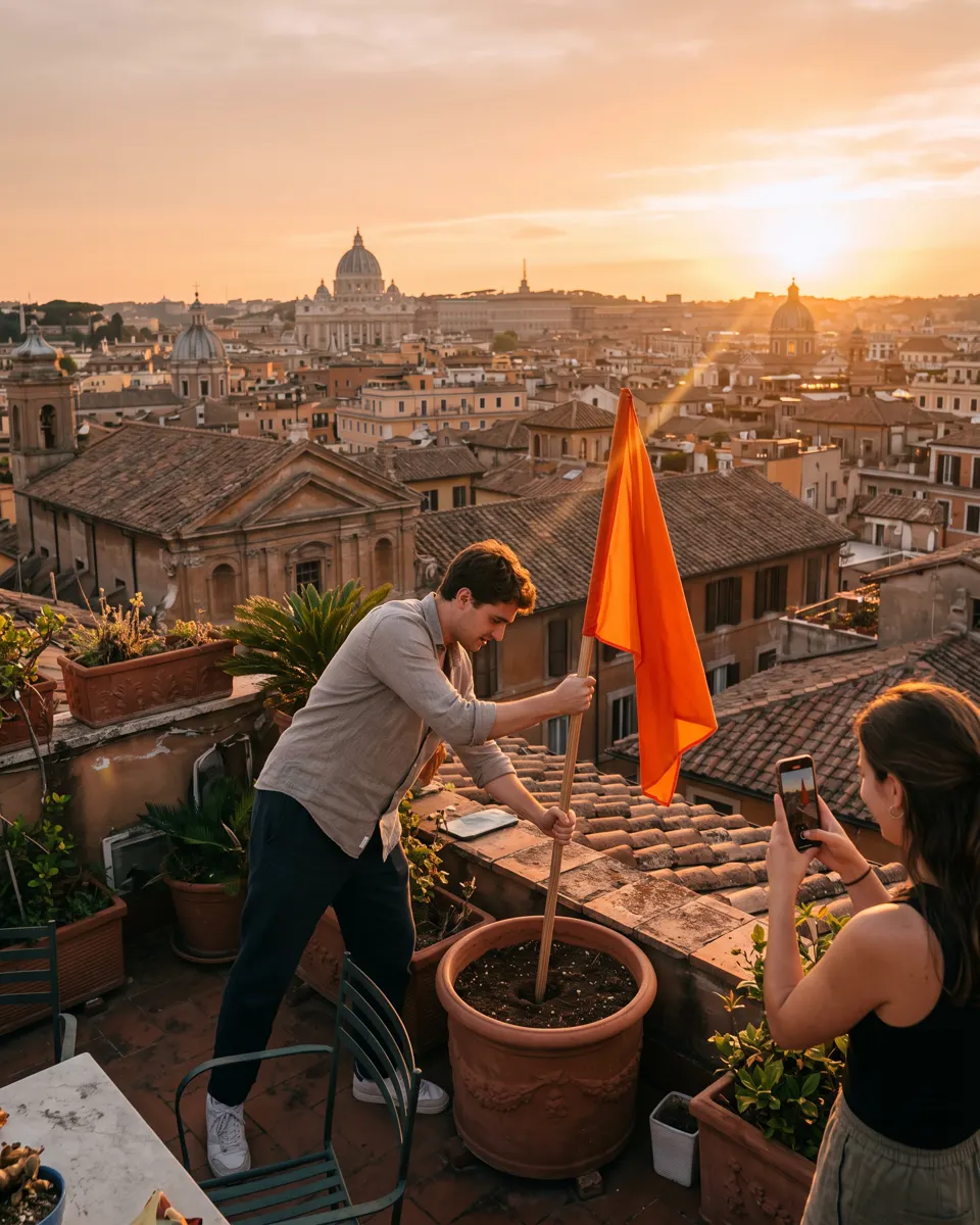Planting an orange flag on a Rome rooftop at sunset